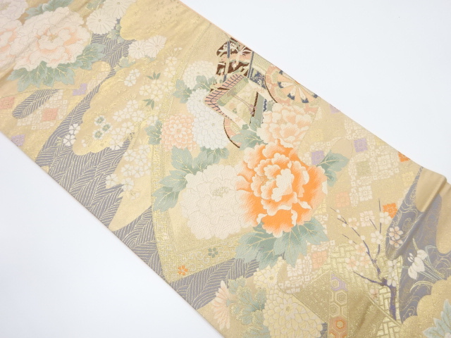 JAPANESE KIMONO / VINTAGE FUKURO OBI / SILK / WOVEN CARRIAGE & PEONY